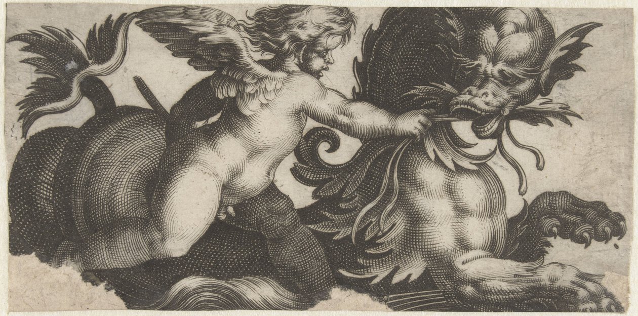 Putto füttert ein Seemonster mit einem Blatt von Giovanni Andrea Maglioli