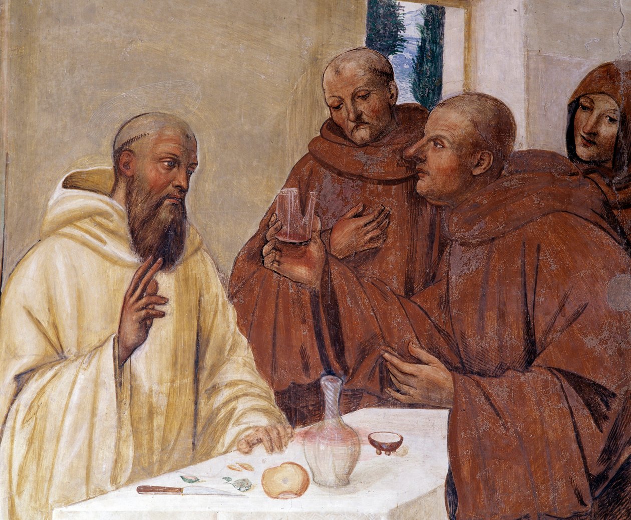 Benedikt zerbricht ein Glas vergifteten Weins, indem er das Kreuzzeichen macht (Detail). Kreuzgangfresko von Antonio Bazzi, genannt Il Sodoma (1477 - 1549), das das Leben des Heiligen Benedikt von Nursia (480 - 567), Gründer des Benediktinerordens, erzählt von Giovanni Antonio Bazzi Sodoma