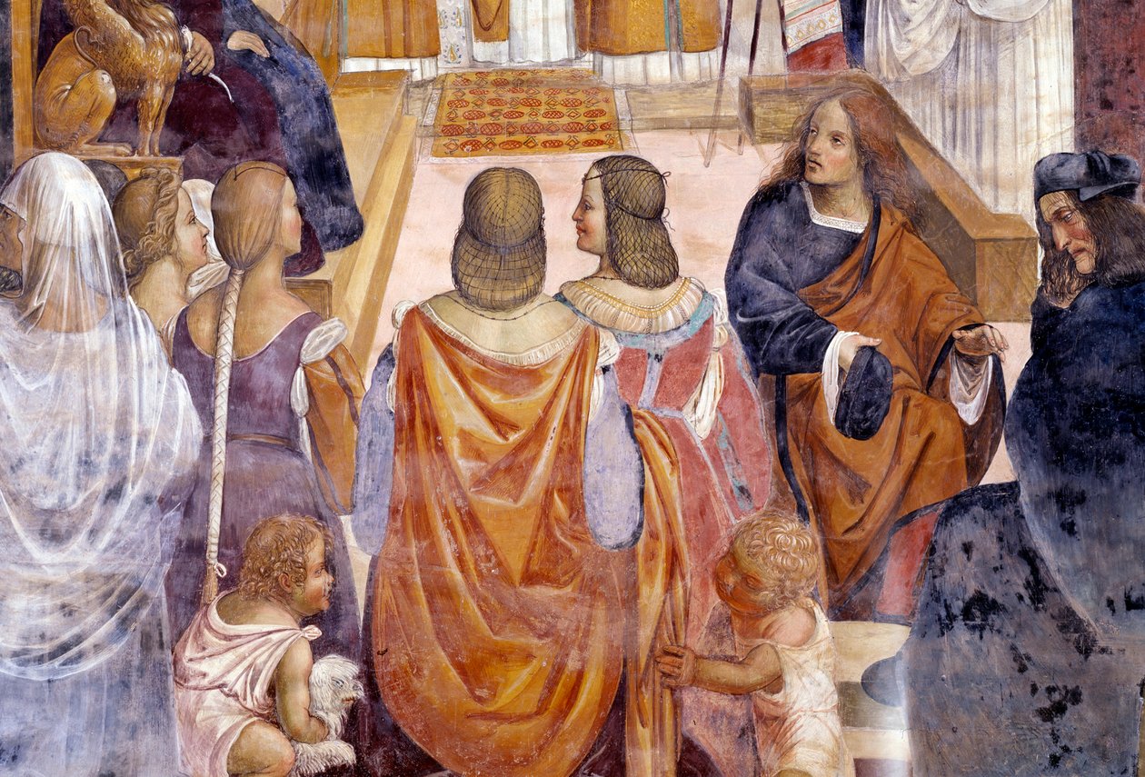 Benedikt exkommuniziert zwei Nonnen und absolviert sie nach ihrem Tod (Detail). Kreuzgangfresko von Antonio Bazzi, genannt Il Sodoma (1477 - 1549), das das Leben des Heiligen Benedikt von Nursia (480 - 567), Gründer des Benediktinerordens, erzählt. 1503 -  von Giovanni Antonio Bazzi Sodoma