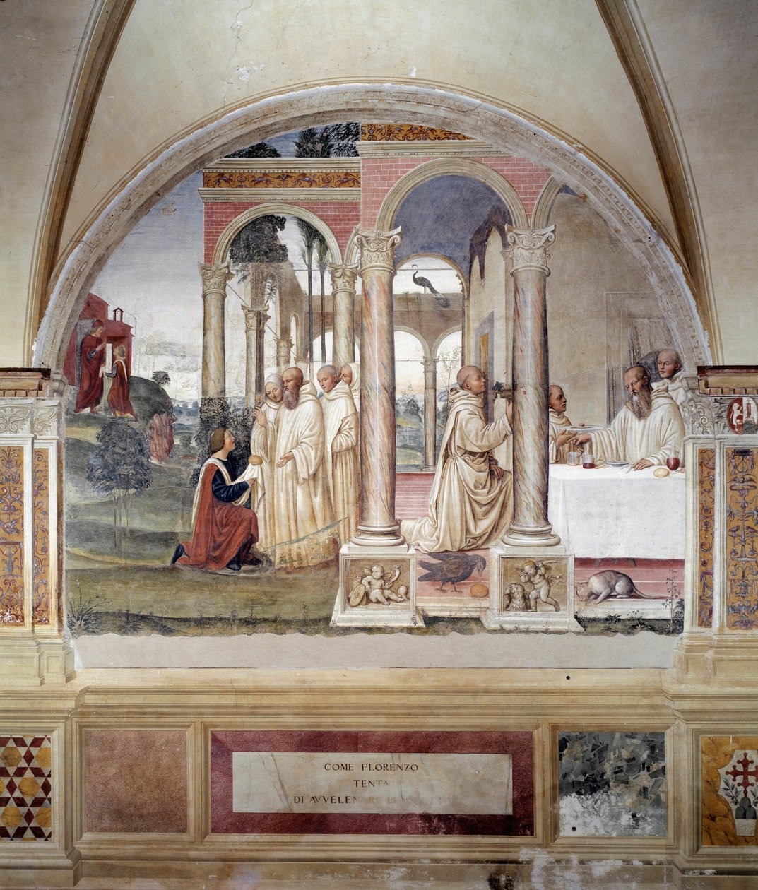 Wie Florent versucht, Benedikt zu vergiften (Fresko von Antonio Bazzi, genannt il Sodoma, 1503 - 1508, Abtei von Monte Oliveto) von Giovanni Antonio Bazzi Sodoma