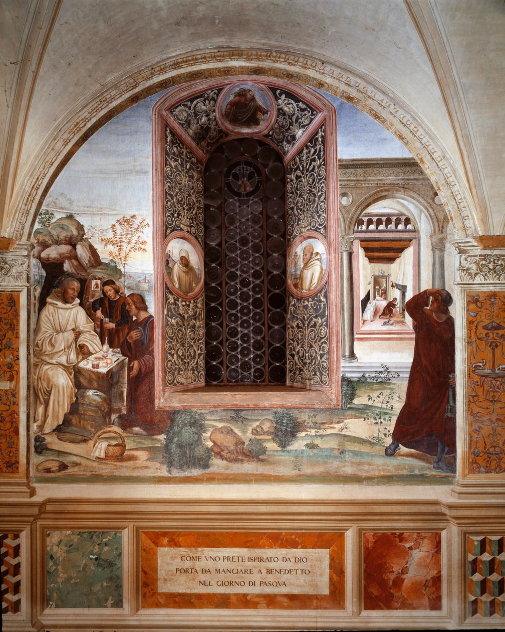 Wie ein Priester Benedikt zu Ostern Essen brachte - Fresko des Kreuzgangs von Antonio Bazzi genannt il Sodoma (1477 - 1549), das das Leben von St. Benedikt von Nursia (480 - 567) erzählt, Gründer des Benediktinerordens 1503 - 1508, Abtei von Monte Oliveto  von Giovanni Antonio Bazzi Sodoma