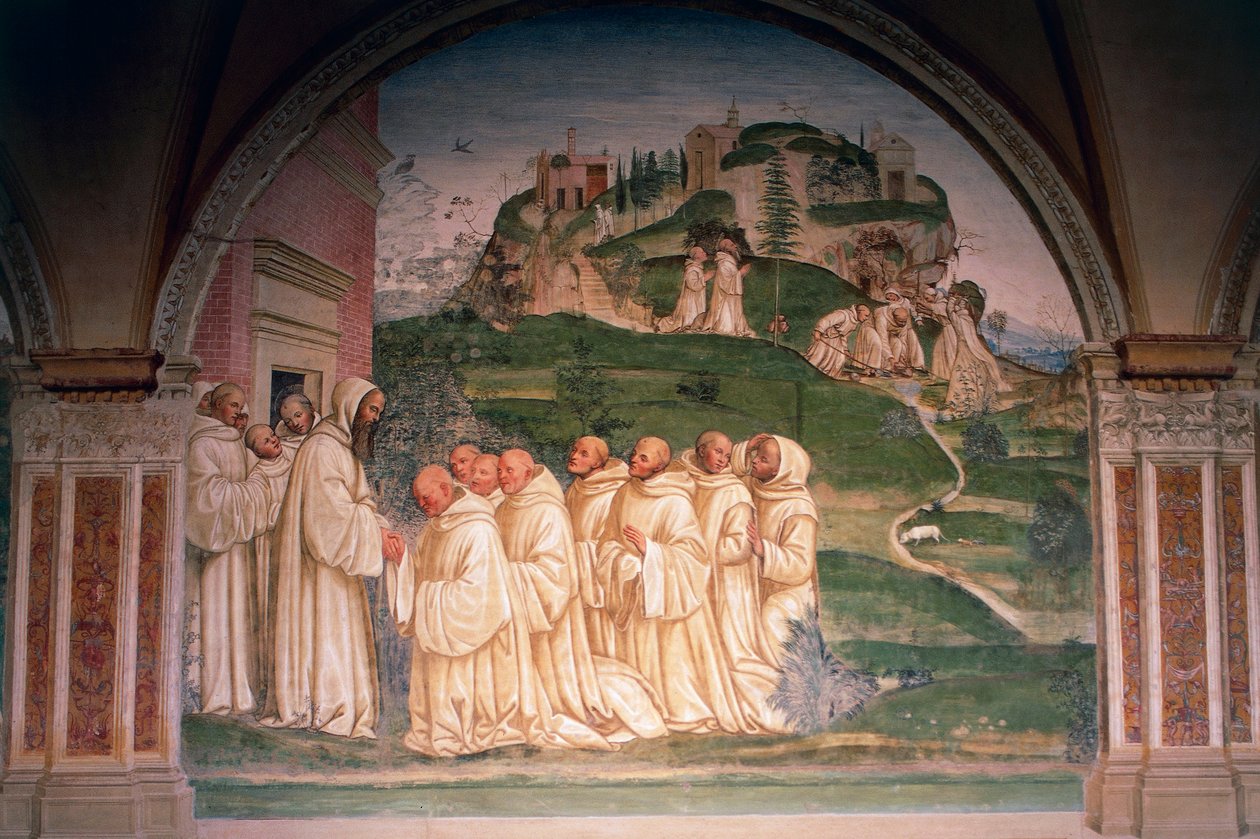 Der heilige Benedikt von Mönchen angefleht, Wasser vom Berggipfel hervorbringend, Szene aus Geschichten des heiligen Benedikt von Monte Oliveto Maggiore von Giovanni Antonio Bazzi Sodoma