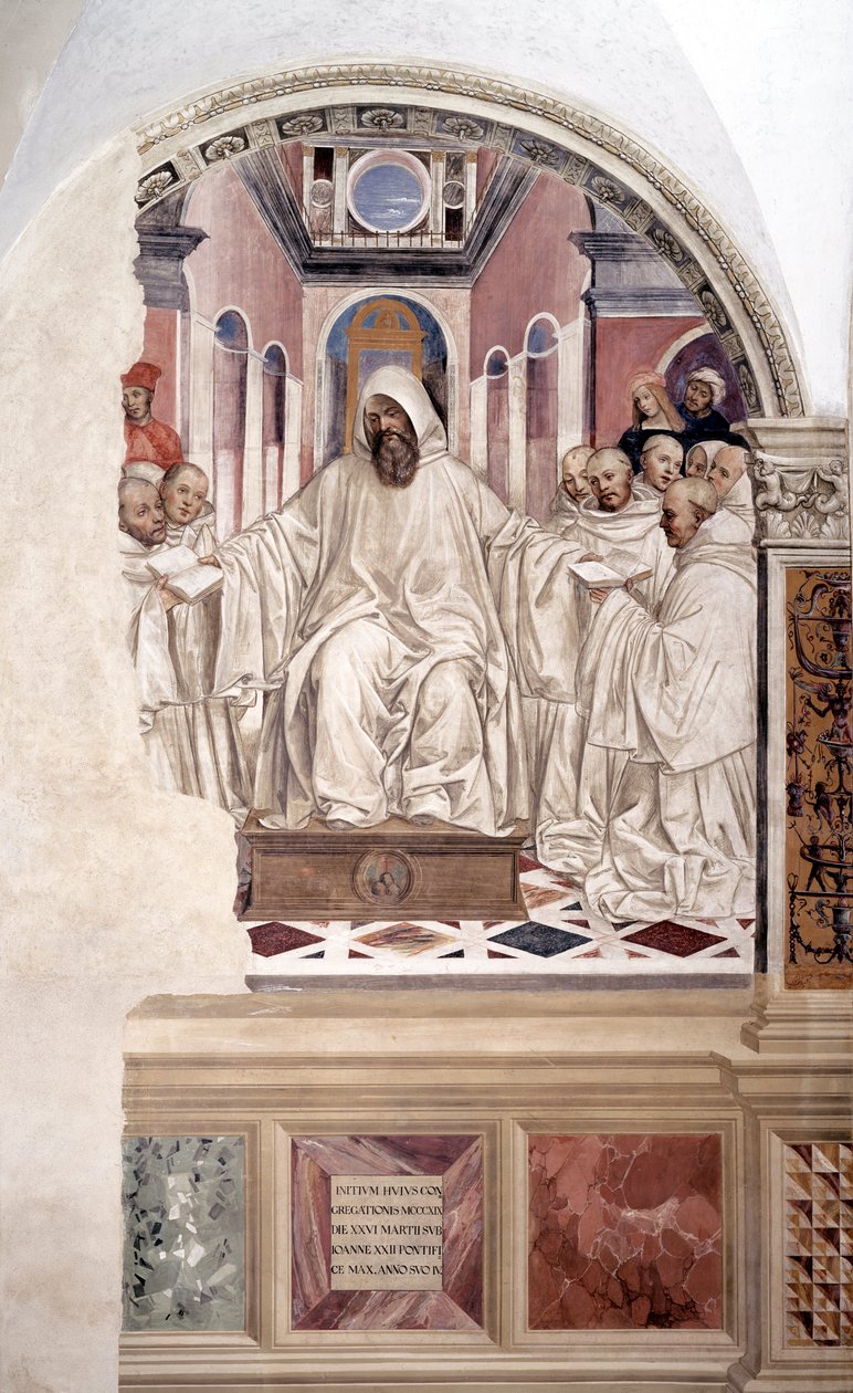 Der heilige Benedikt gibt den Mönchen die Regel (Fresko des Kreuzgangs von Antonio Bazzi, genannt il Sodoma, 1477 - 1549, das das Leben des heiligen Benedikt von Nursia (480 - 567) erzählt, Gründer des Benediktinerordens, 1503) von Giovanni Antonio Bazzi Sodoma