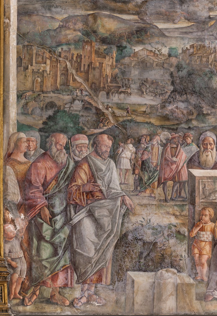 Der heilige Antonius kommt in Padua an, wo er mit der Kraft und Süße seiner Predigt Frieden zwischen den Bürgern wiederherstellt, Schule des Heiligen, (Detail) von Giovanni Antonio Corona