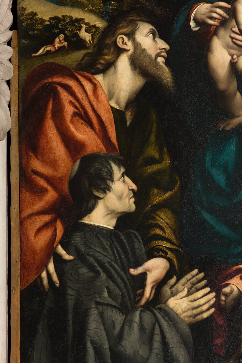 Altar der Heiligen Katharina, Madonna mit Kind zwischen den Heiligen Philippus und Jakobus und dem Stifter Giacomo Schizzi (Detail) von Giovanni Antonio Pordenone