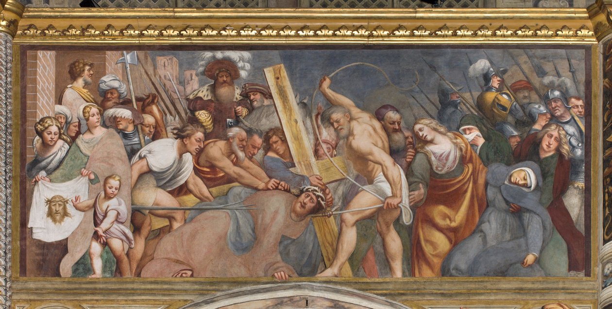Zentrales Kirchenschiff, zweiter südlicher Spann, Jesus fällt unter dem Kreuz, Il Pordenone von Giovanni Antonio Pordenone