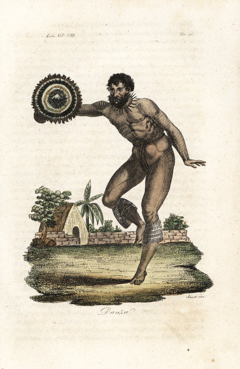 Nackter tätowierter Mann von Hawaii (Sandwich-Inseln) tanzt für Kapitän James Cook von Giovanni Antonio Sasso