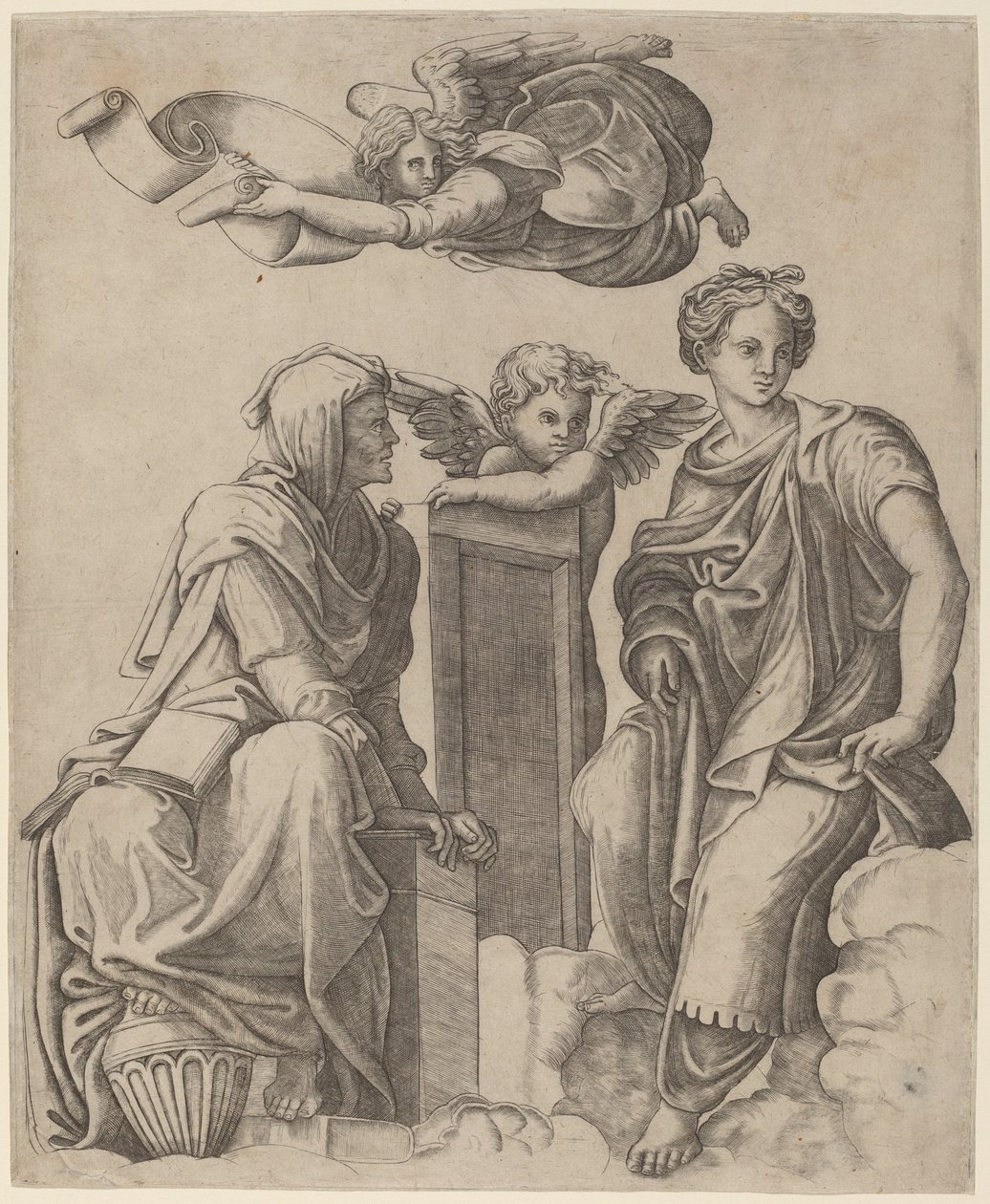 Zwei Sibyllen und ein Engel von Giovanni Antonio da Brescia after Raphael