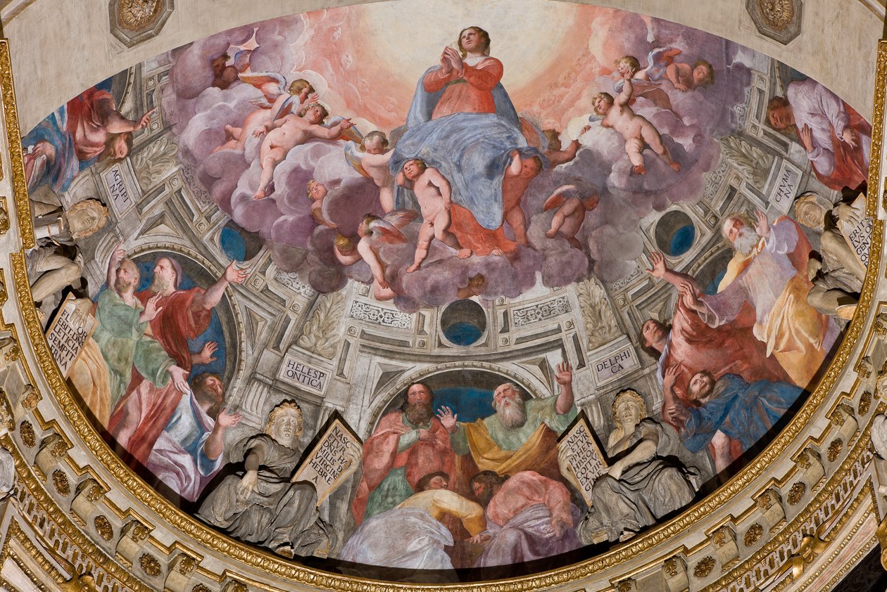 Genua, Duomo (St. Laurentius-Kathedrale), innen, Lercari-Kapelle oder Kapelle des Allerheiligsten Sakraments (nördliche Apsis), Apsis: "Himmelfahrt der Jungfrau", Fresko von Giovanni Battista Castello, bekannt als Bergamasco von Giovanni Battista Castello