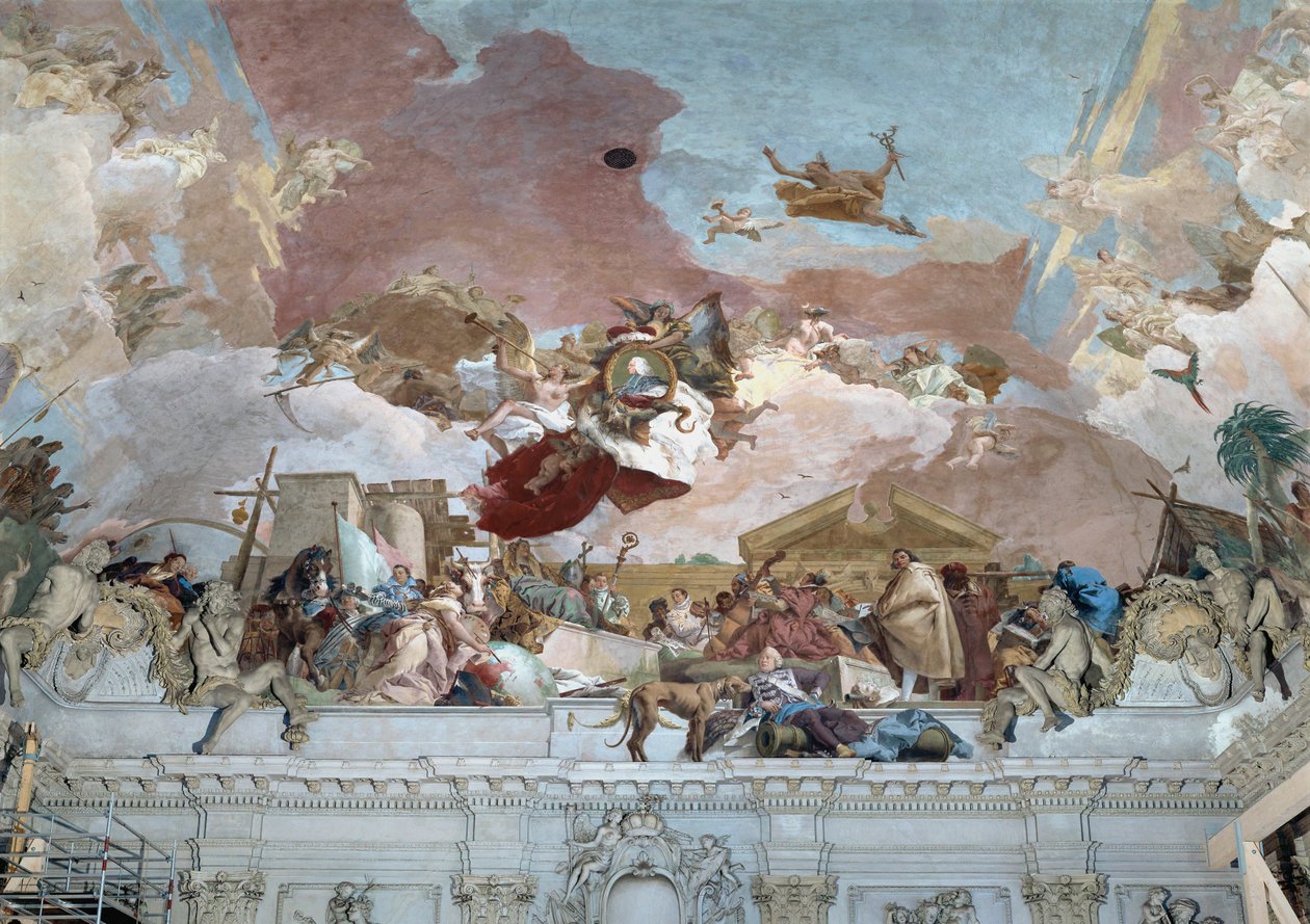 Apotheose des Bischofs Carl Philipp von Greiffenklau und der Abschnitt Europa des Deckenfreskos von Giovanni Battista (1696-1770) Tiepolo