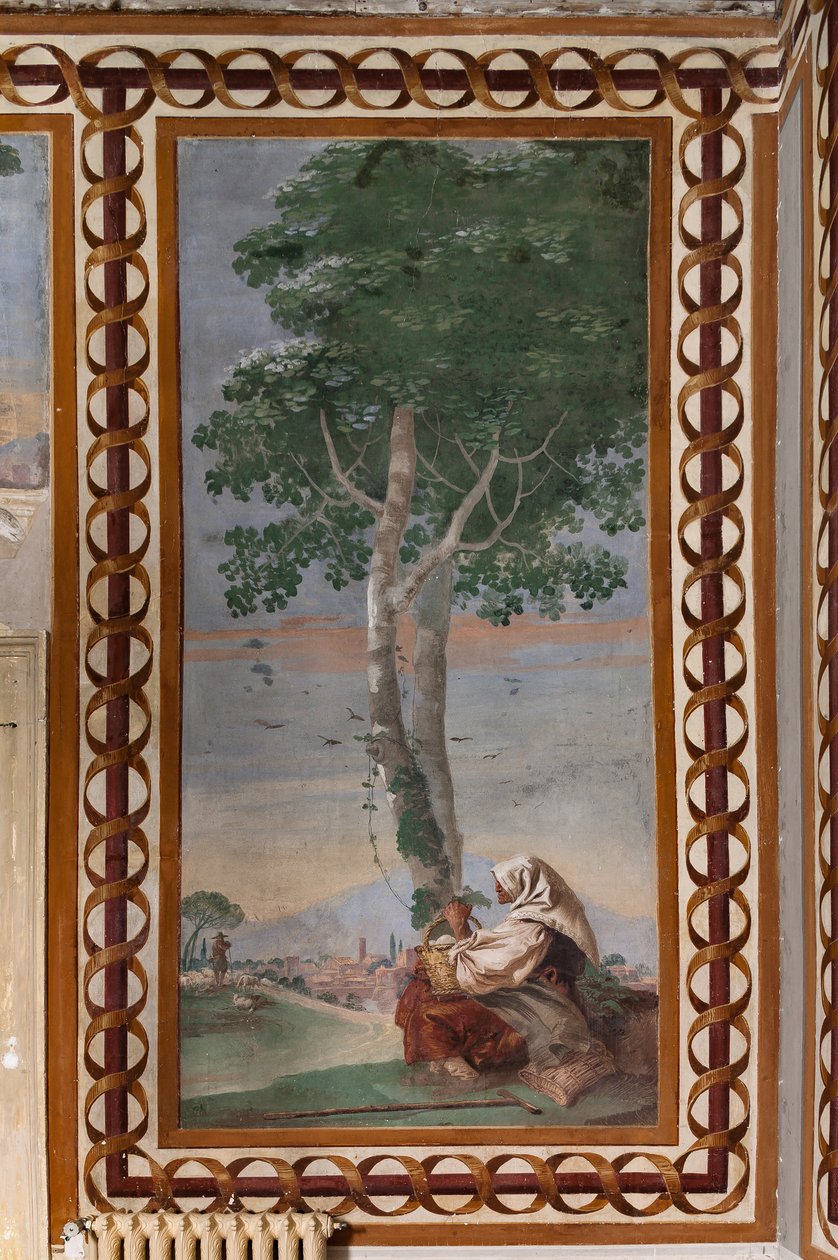 Gästeunterkünfte, Raum der ländlichen Szenen: "Landschaft mit einem sitzenden Bauern" von Giovanni Battista Tiepolo