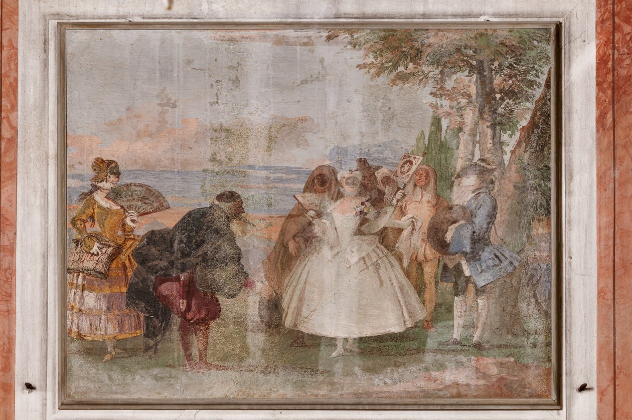 Gästeunterkünfte, der Raum der Karnevalsszenen: "Pantalone und Columbina", eine Szene mit Masken von Giovanni Battista Tiepolo