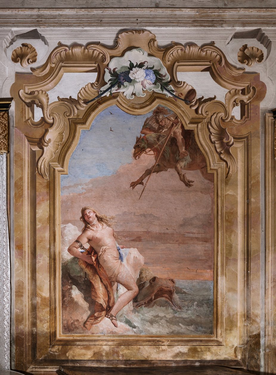 Palazzina (Kleines Gebäude): zweiter Raum oder Raum von Ariosto mit Fresken, die Episoden aus "Orlando Furioso" darstellen: "Ruggiero rettet Angelica vor dem Seeungeheuer" von Giovanni Battista Tiepolo