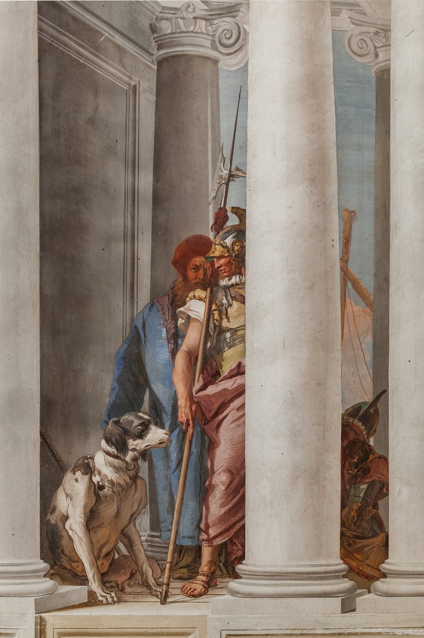 Palazzina (Kleines Gebäude), die Eingangshalle: "Die griechische Flotte in Aulis", Detail eines Hundes und eines Soldaten von Giovanni Battista Tiepolo