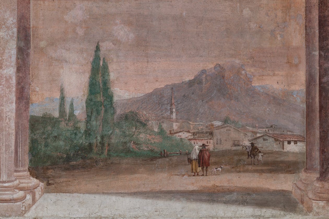 Palazzina (Kleines Gebäude): Ansicht des ersten Raums und seiner Fresken, die Episoden aus der Ilias darstellen: "Cupid mit Pfeilen fliegt über eine venezianische Landschaft" (Detail, Landschaft) von Giovanni Battista Tiepolo