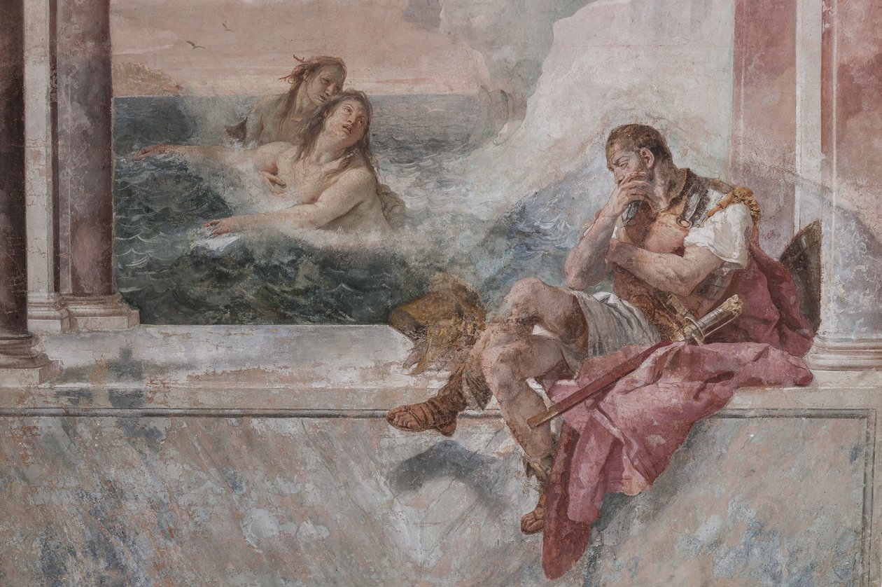 Palazzina: Ansicht des ersten Raums und seiner Fresken aus der Ilias: Achill in Tränen, während seine Mutter Thetis aus dem Meer auftaucht, um ihn zu trösten (Detail) von Giovanni Battista Tiepolo