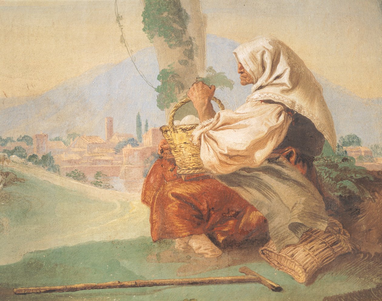 Landschaft mit Bauer, ein alter Mann sitzt, sein Kopf bedeckt von einem blutigen Mann, der sein Gesicht verbirgt von Giovanni Battista Tiepolo