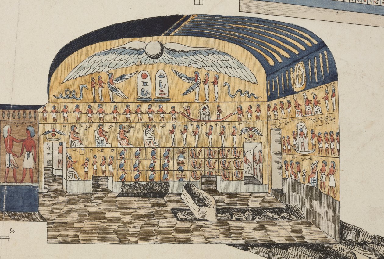 Abschnitt des Grabes von Psammuthis in Theben, entdeckt und geöffnet von Belzoni im Jahr 1818 (handkolorierte Lithografie) von Giovanni Battista (after) Belzoni