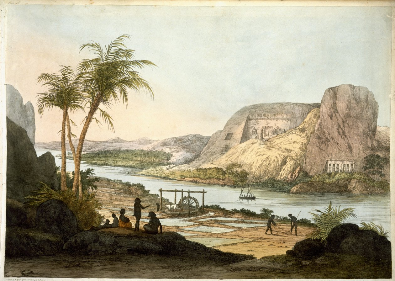 Außenansicht der beiden Tempel von Abu Simbul, aus Platten zur Veranschaulichung der Forschungen in Ägypten und Nubien, veröffentlicht 1822 von Giovanni Battista Belzoni