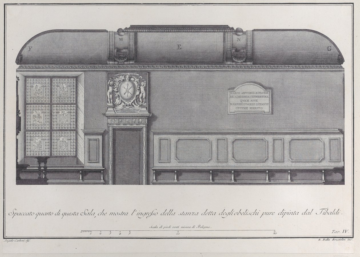 Tafel 4: Querschnitt der Halle des Instituts von Bologna, mit dem Eingang zum r... von Giovanni Battista Brostoloni