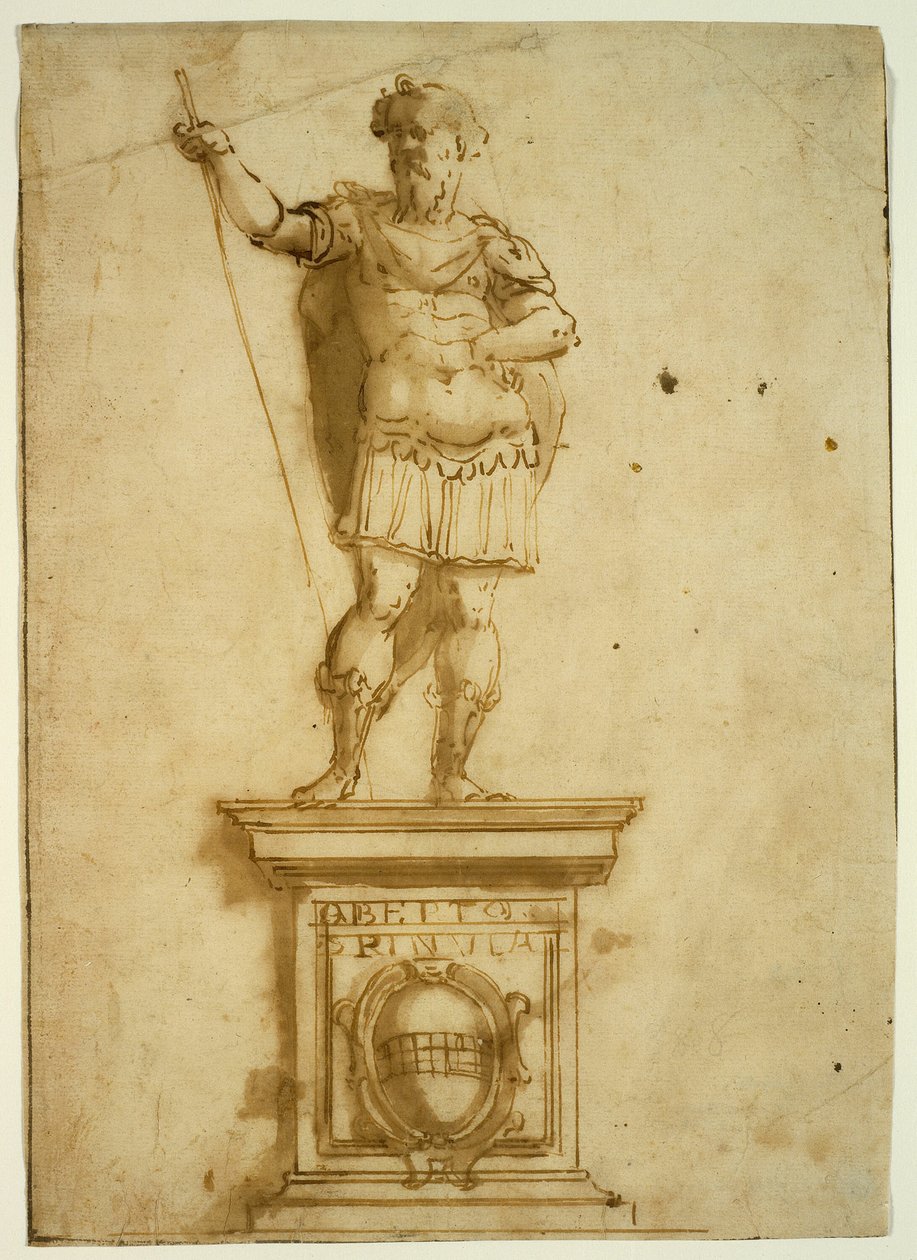 Statue eines stehenden Kriegers auf einem Sockel von Giovanni Battista Castello