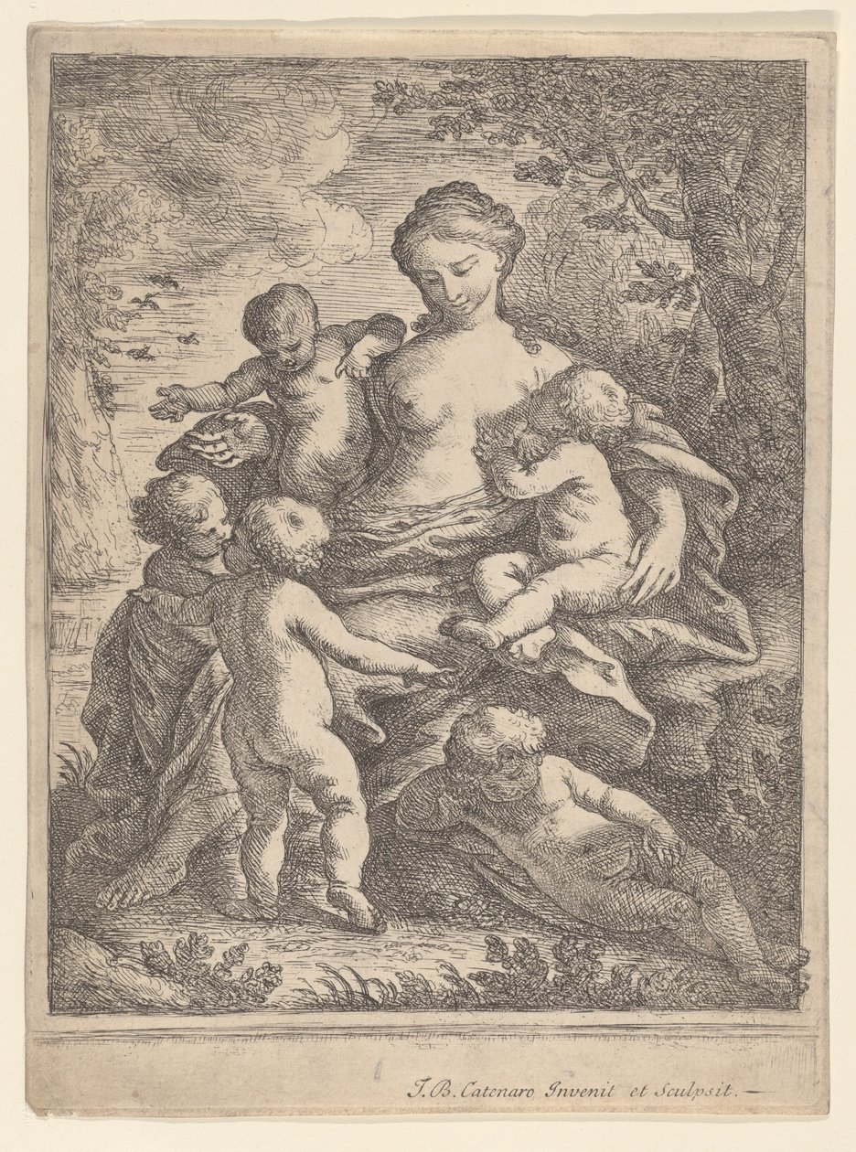Nächstenliebe, sitzend in einer Landschaft, umgeben von fünf nackten Kindern, 1692-1727 von Giovanni Battista Catenaro