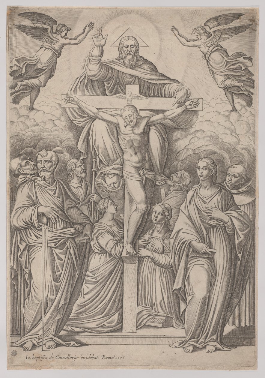Die Dreifaltigkeit, mit der Kreuzigung in der Mitte und Heiligen zu beiden Seiten, 1586 von Giovanni Battista Cavalieri