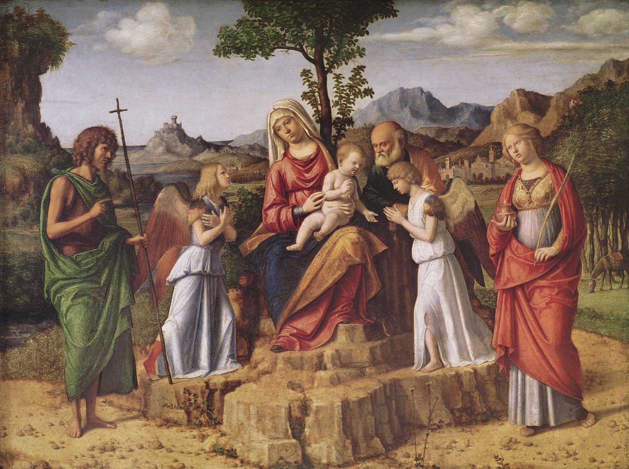 Heilige Konversation (Die Heilige Familie umgeben von Engeln, der heiligen Lucia und Johannes dem Täufer), Rast vor der Flucht nach Ägypten von Giovanni Battista Cima da Conegliano