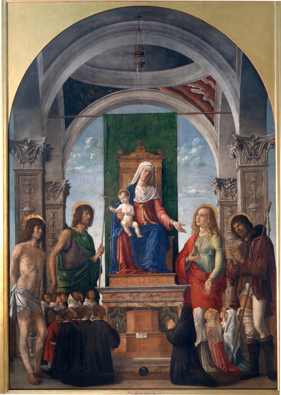 Madonna mit Kind auf dem Thron mit St. Sebastian, St. Johannes dem Täufer, St. Maria Magdalena, St. Rochus und Mitgliedern der Bruderschaft von San Giovanni Evangelista von Giovanni Battista Cima da Conegliano