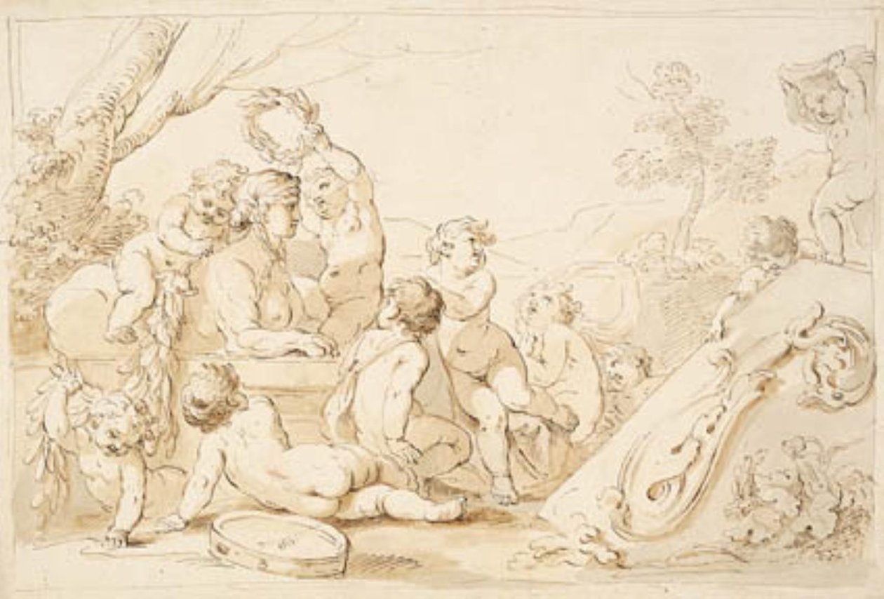Spielende Putti, die eine Sphinx bekränzen von Giovanni Battista Cipriani