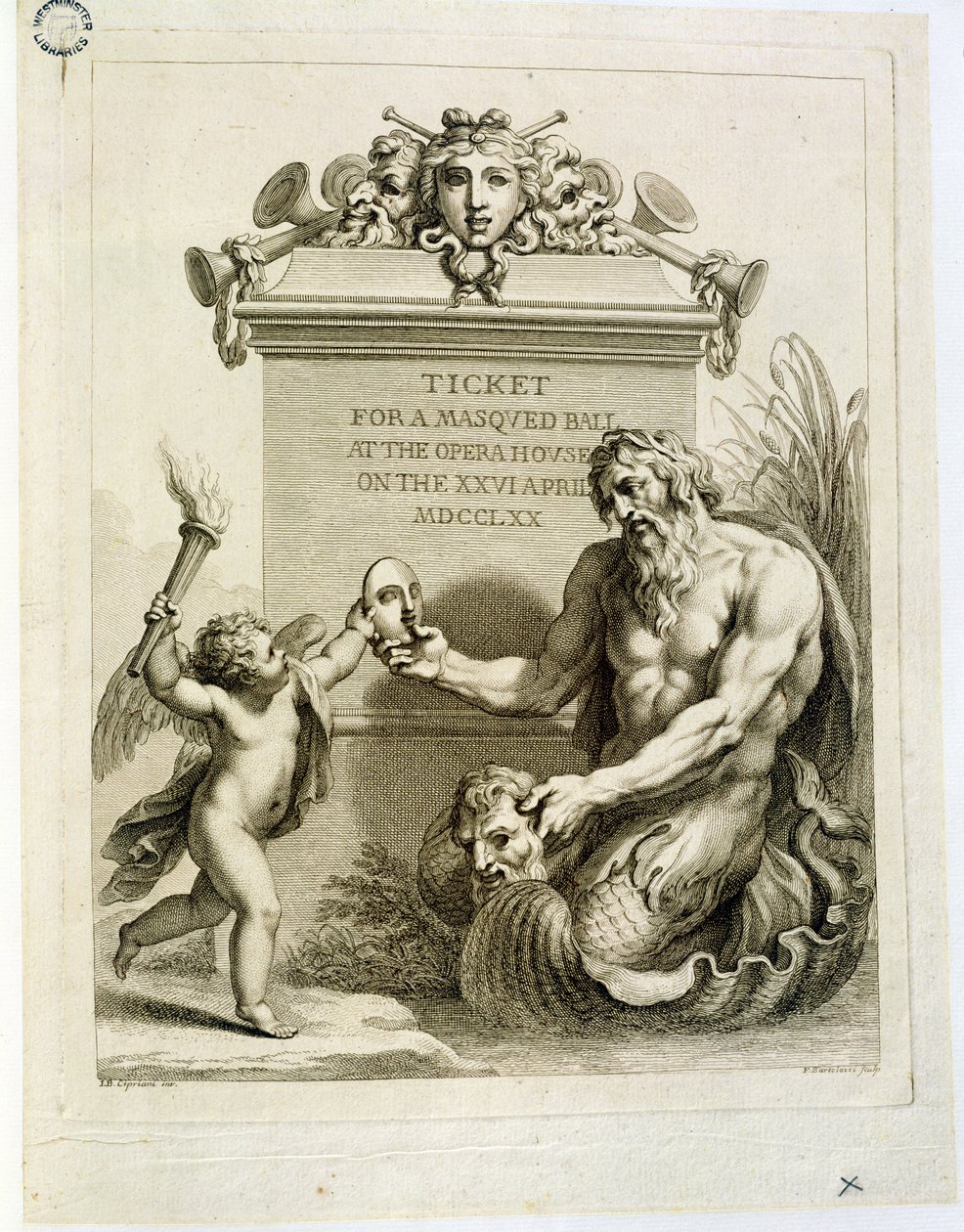 Eintrittskarte für einen Maskenball im Opernhaus am 26. April, graviert von Francesco Bartolozzi, 1770 von Giovanni Battista Cipriani