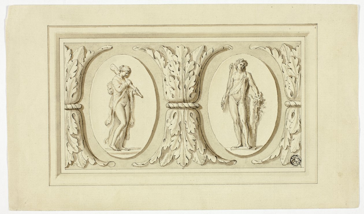 Zwei Medaillons mit stehenden Figuren von Omphale und Bacchus, getrennt durch ein Design aus Akanthusblättern von Giovanni Battista Cipriani