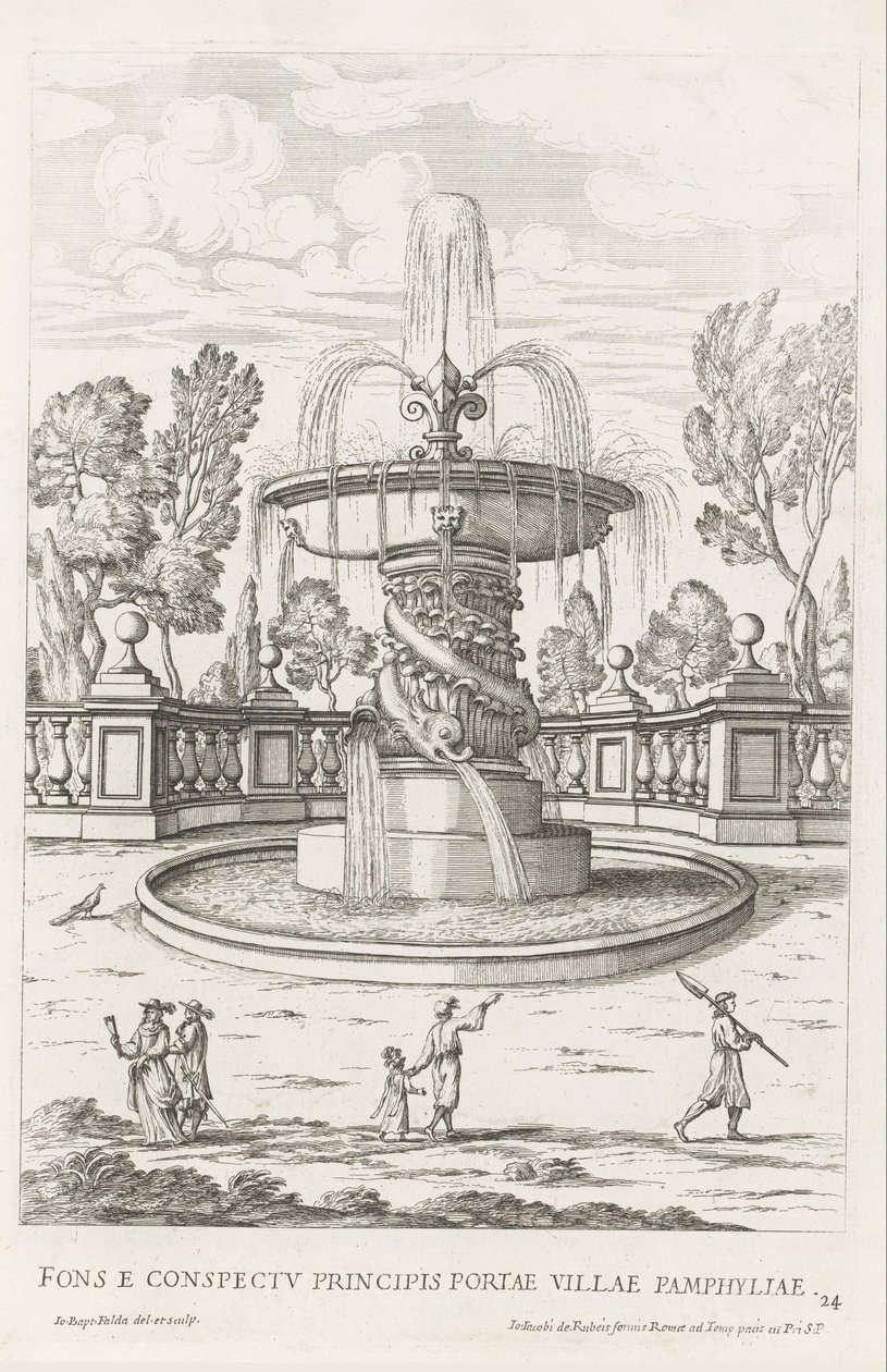 Brunnen mit Delfinen in den Gärten der Villa Doria Pamphilj in Rom von Giovanni Battista Falda