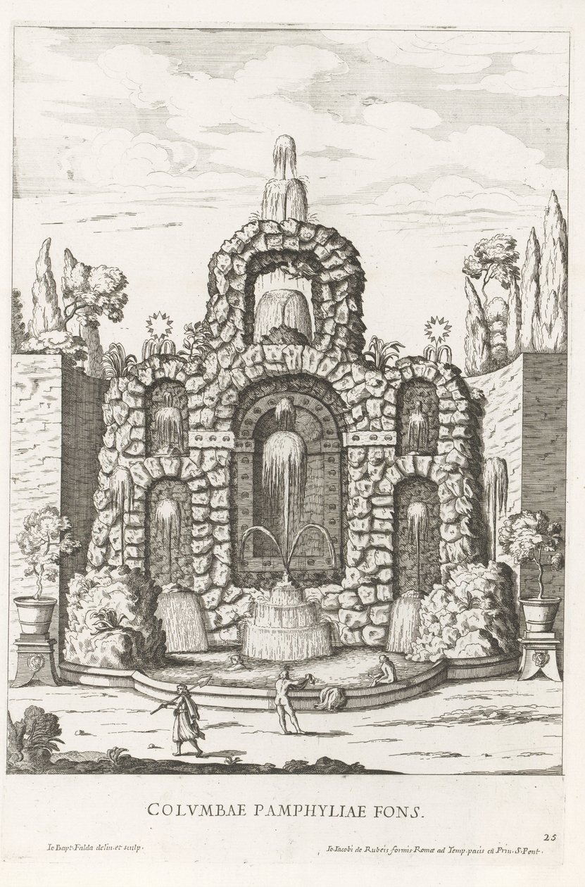 Brunnen mit Tauben in den Gärten der Villa Doria Pamphilj in Rom von Giovanni Battista Falda