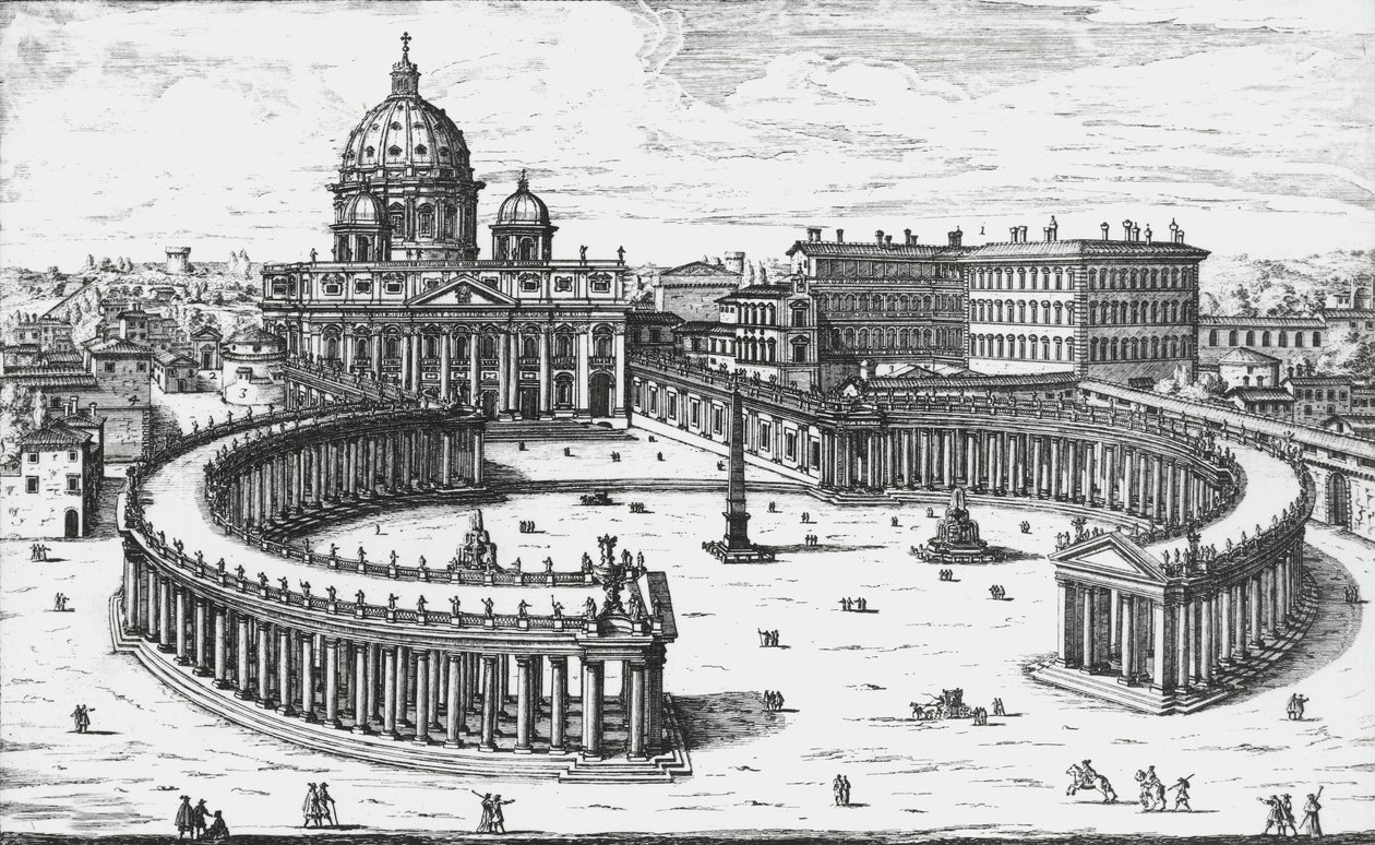 Vatikanstadt, Blick auf die Piazza San Pietro mit der Basilika St. Peter und den Vatikanischen Palästen, Gravur von Giovanni Battista Falda. 1665 von Giovanni Battista Falda