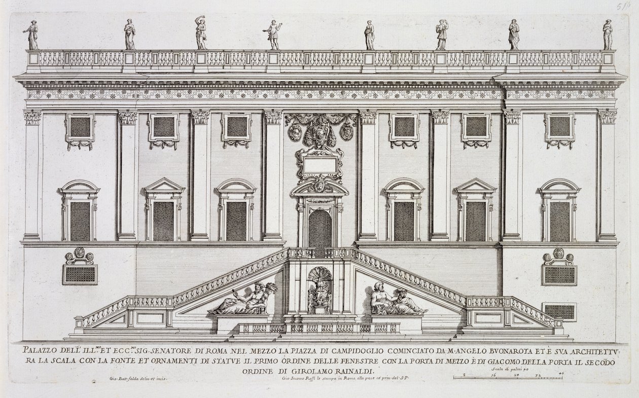Ansicht der Fassade des Palazzo Senatorio auf der Piazza del Campidoglio, Rom, begonnen von Michelangelo Buonarroti und vollendet von Girolamo Rainaldi von Giovanni Battista Falda