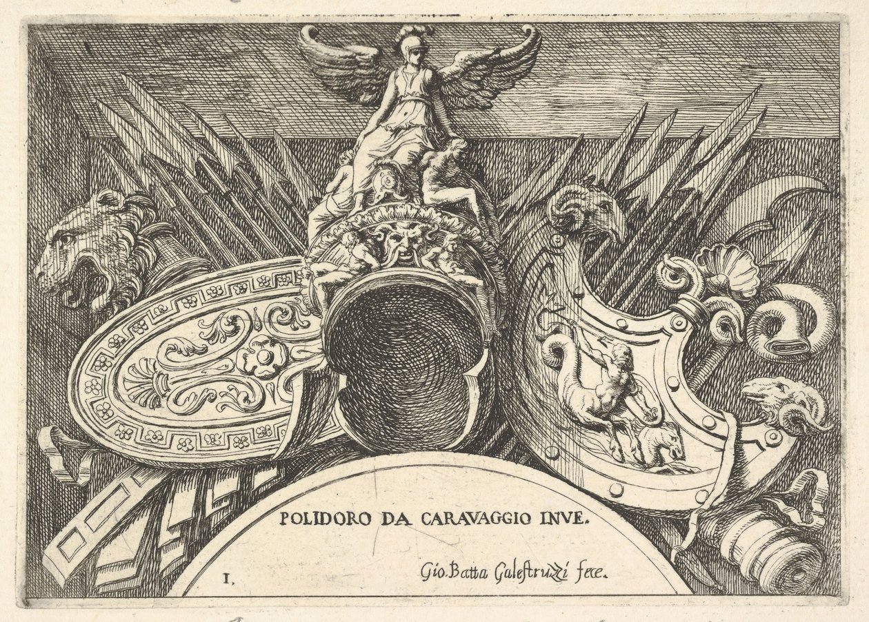 Trophäen römischer Waffen von Dekorationen über den Fenstern im zweiten Stock von Giovanni Battista Galestruzzi