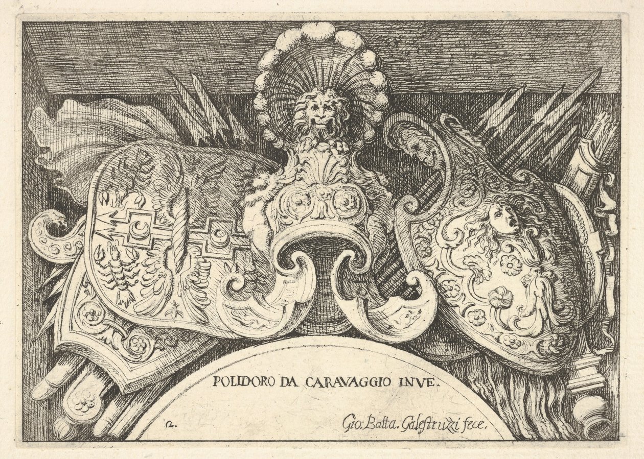 Tafel 2: Trophäen römischer Waffen aus Dekorationen über den Fenstern im zweiten Stock... von Giovanni Battista Galestruzzi