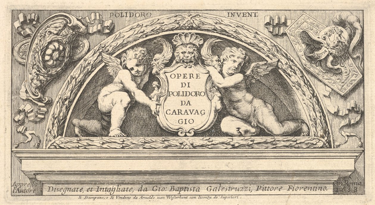 Titelblatt zur Serie von Drucken nach Poloidoro, Titel auf einem Schild, das von zwei Putti gehalten wird von Giovanni Battista Galestruzzi