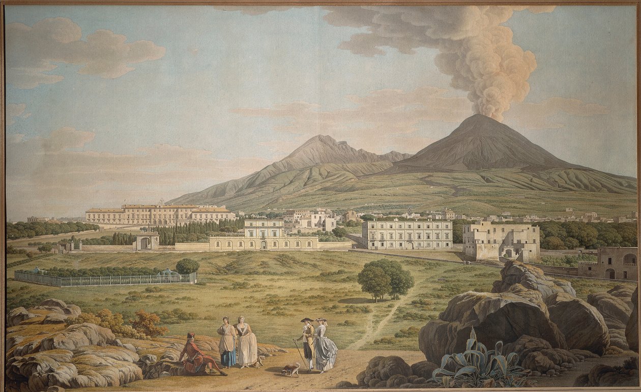 Die Hänge des Vesuvs von Portici mit Blick auf den Bourbonenpalast, von Giovan Battista Lusieri, Gouache. von Giovanni Battista Lusieri