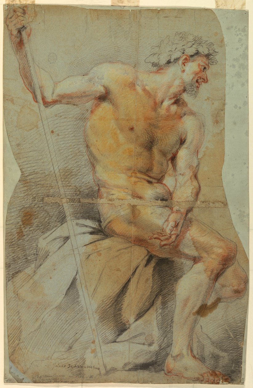 Zeichnung, Studie eines nackten älteren Mannes, Bacchus oder einer seiner Gefährten von Giovanni Battista Merano