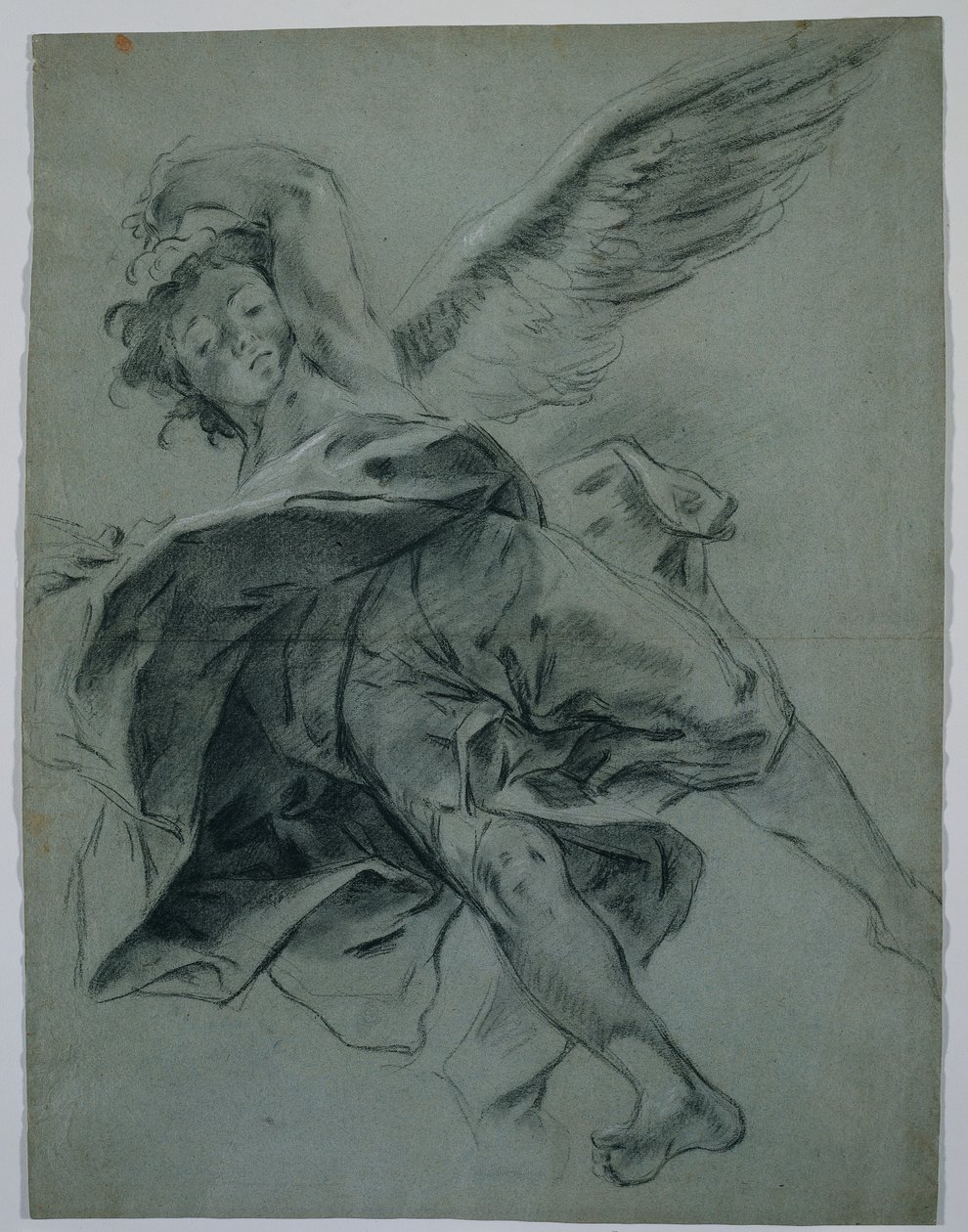 Ein fliegender Engel recto, Studien von Händen, die Instrumente spielen verso, 1723-1727 von Giovanni Battista Piazzetta