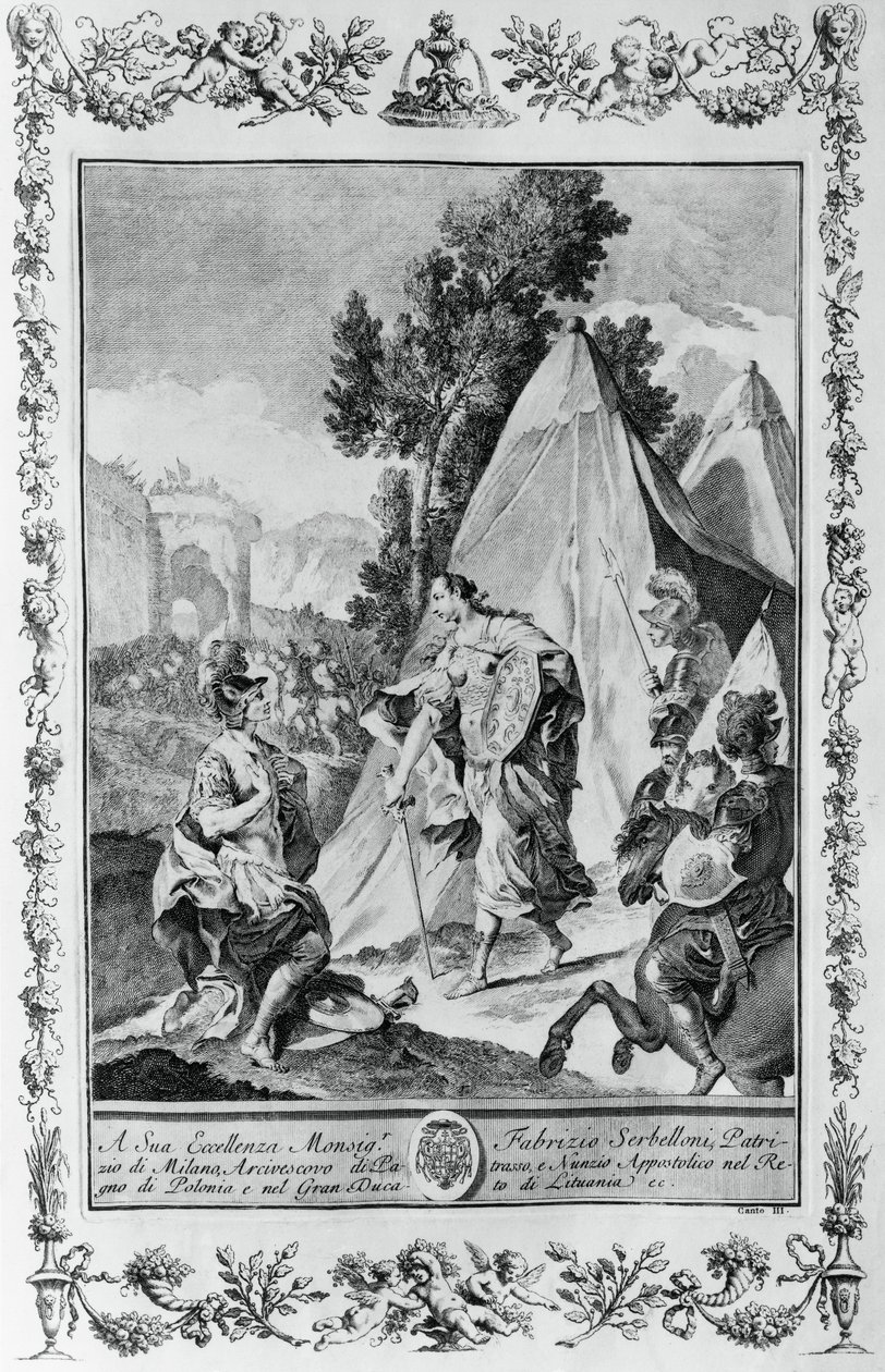 Kreuzfahrer bei der Belagerung von Jerusalem, Stich von Giovanni Battista Piazzetta (1683-1754) für Canto III von Jerusalem Delivered, von Torquato Tasso (1544-1595), veröffentlicht von Giovanni Battista Albrizzi, Venedig, Italien von Giovanni Battista Piazzetta