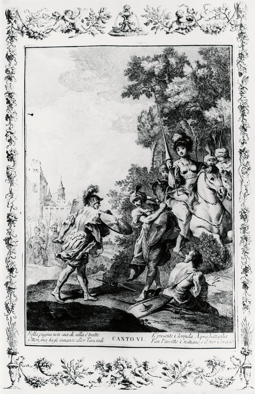 Duell zwischen Ottone und Tancredi in Anwesenheit von Clorinda, Gesang VI, Jerusalem befreit von Giovanni Battista Piazzetta