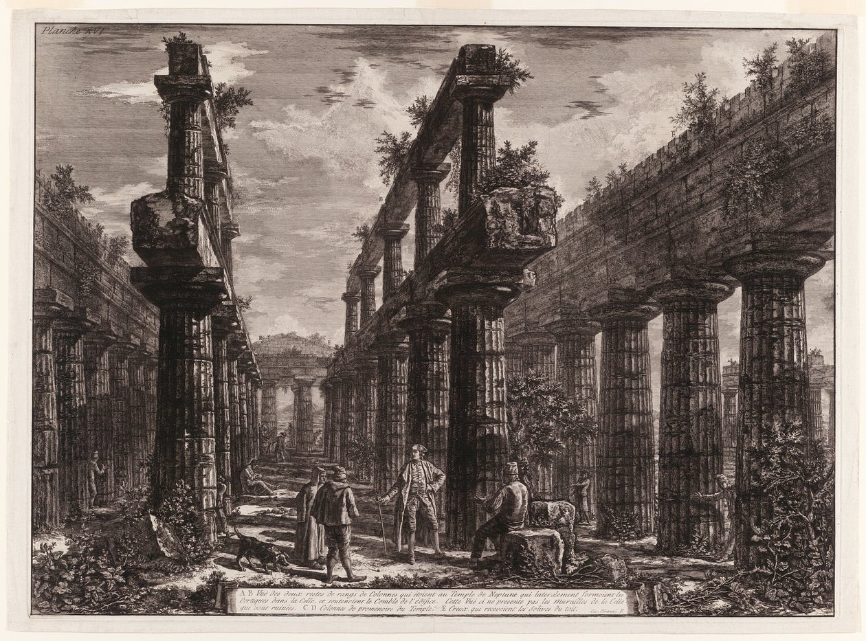 A., B. Ansicht der Überreste der beiden Säulenreihen im Tempel des Neptun, die ursprünglich die Kolonnaden entlang der Seiten der Cella bildeten und den obersten Teil des Daches stützten, aus Verschiedene Ansichten von Paestum von Giovanni Battista Piranesi