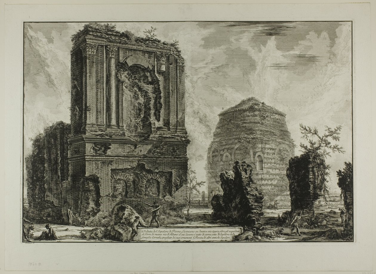 A. Blick auf das Grab von Licinianus Piso an der antiken Via Appia... B. Grab der Cornelii..., aus Ansichten von Rom von Giovanni Battista Piranesi
