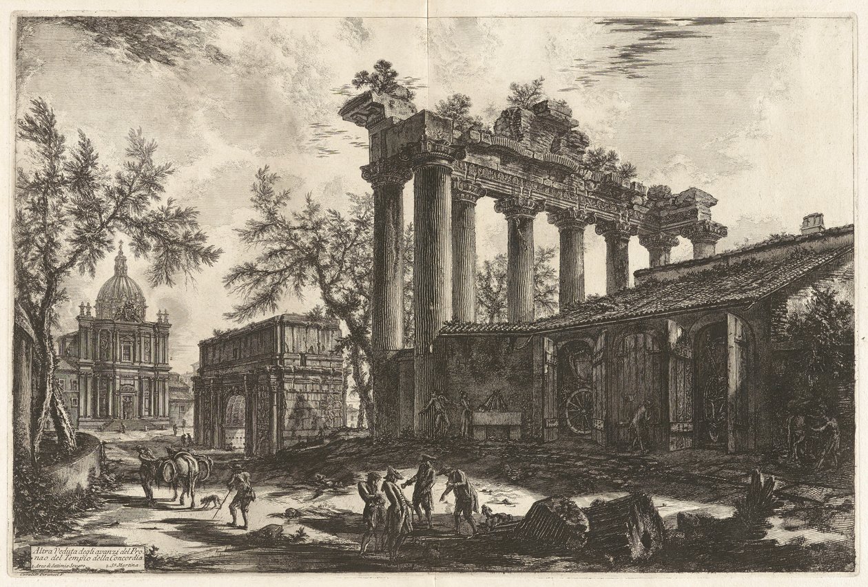 Altra Veduta degli avanzi del Pronao del Tempio del Concordia (Eine andere Ansicht der Überreste des Pronaos des Tempels der Concordia [des Tempels des Saturn mit dem Bogen des Septimius Severus im linken Hintergrund]), aus Vedute di Roma (Ansichten von Ro von Giovanni-Battista Piranesi