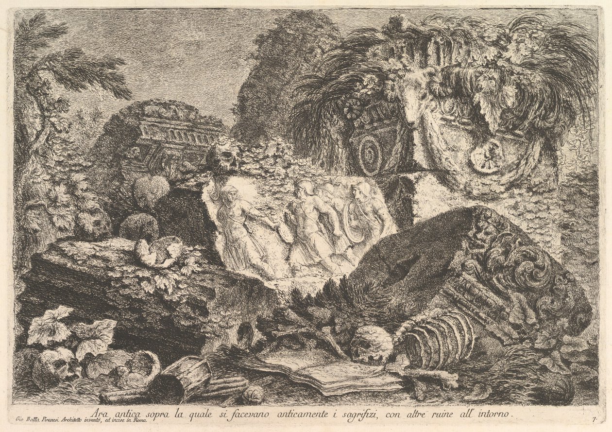 Antiker Altar, auf dem in der Antike Opfer dargebracht wurden, umgeben von anderen Ruinen, ca. 1750 von Giovanni Battista Piranesi