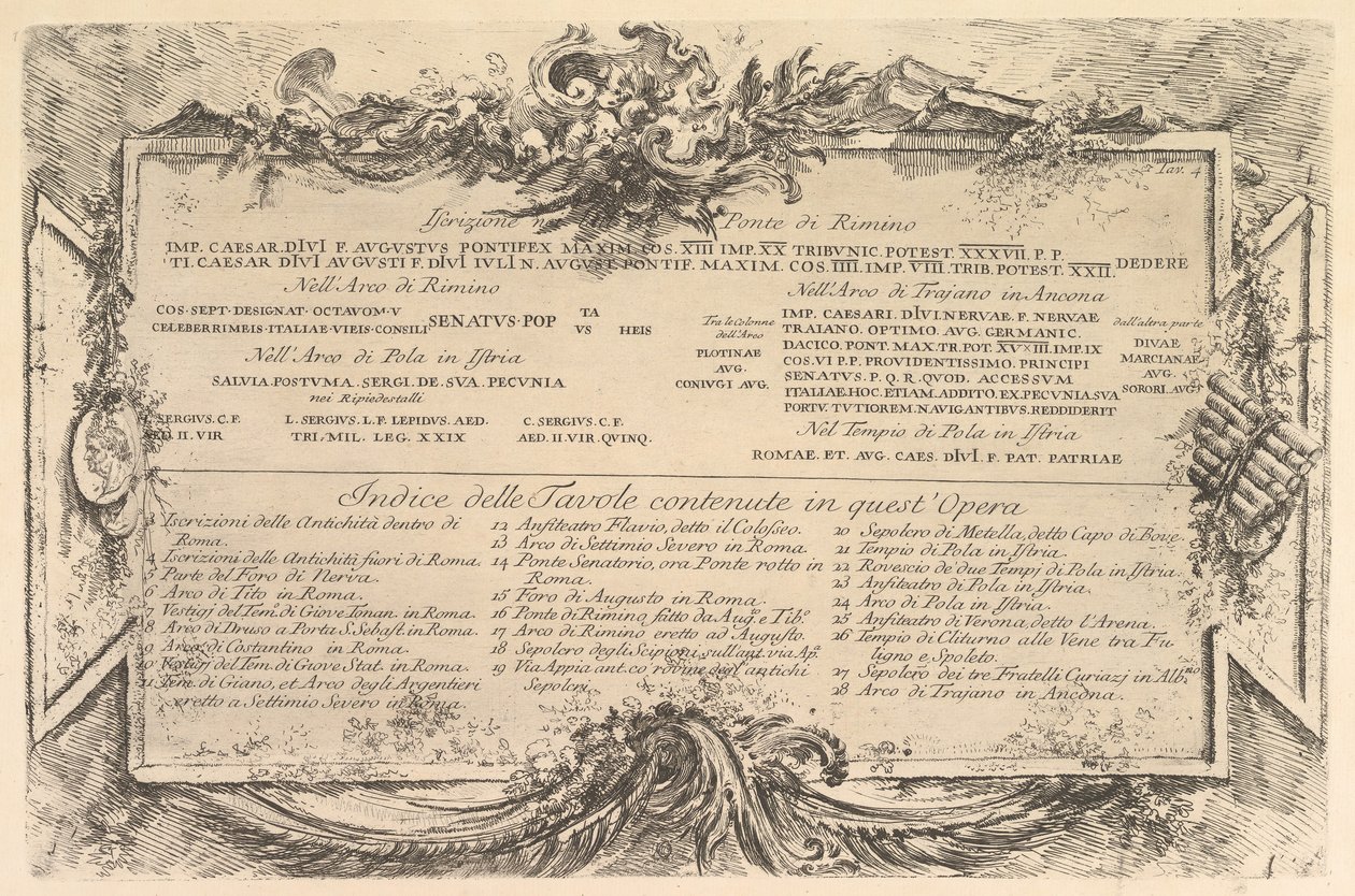 Inschrift auf der Seite der Brücke von Rimino, ca. 1748. von Giovanni Battista Piranesi