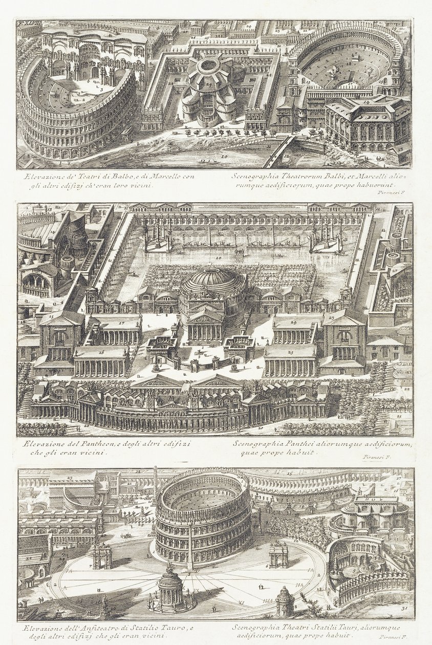 Vogelperspektiven: die Balbo- und Marcello-Theater, das Pantheon und die Umgebung, und das Statilio Tauro Amphitheater von Giovanni Battista Piranesi